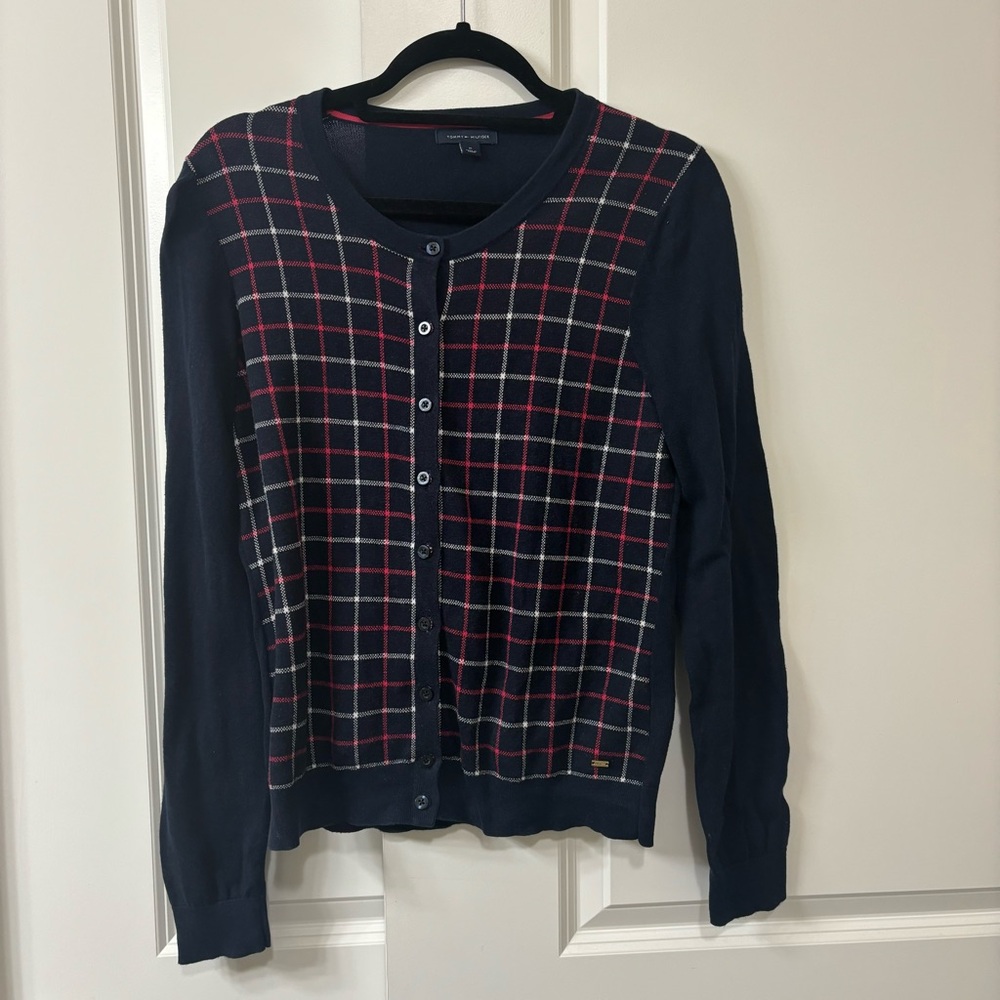 Tommy Hilfiger Women's Marilyn Sparkle Plaid Cardigan Size M 100% Cotton